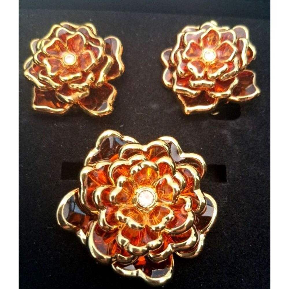 Joan Rivers Classics Collection Amber Enamel Flower Brooch & Clip Earrings Set